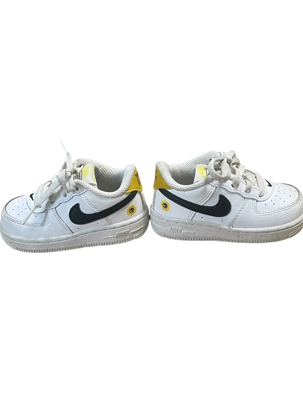 Nike Toddler White Sneakers with Black Swoosh and Yellow Star